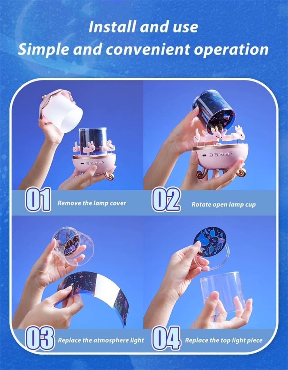 Rabbit sky projector β 360Β° Rotating Lamp with 6 Films, 5 Colours, 1200mAh Rechargeable Battery, Bedroom & Office Decor, Birthday Gift for Children