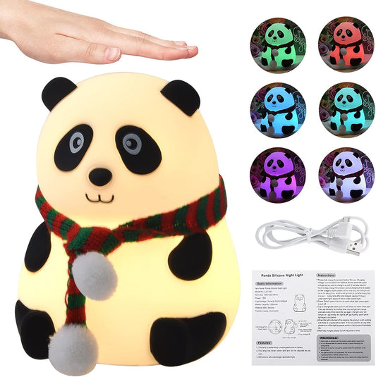 Cute Panda Lamp (Light) Rechargeable, Cute Silicone Kawaii Night Lamp for Bedroom with Touch Gesture 7 Color Changing Adorable Christmas Gift Kids, Light,Table,Beside Kids Room (Panda-Lampled, White)