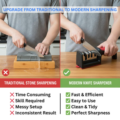 3-in-1 Manual Knife Sharpener for Kitchen – Sharpen Straight, Serrated & Scissor Blades | Tungsten Steel & Ceramic Sharpening System | Non-Slip Base, Ergonomic Handle, Extra Replaceable Head Included