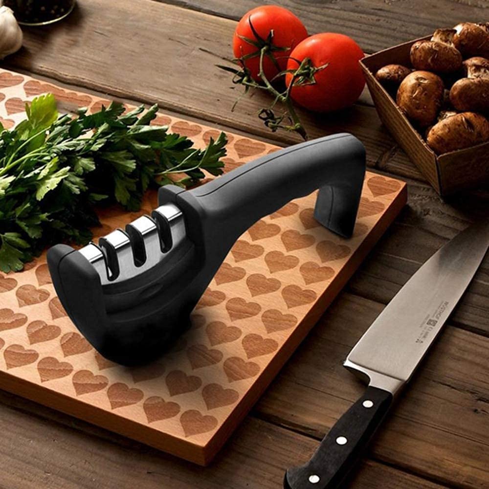 3-in-1 Manual Knife Sharpener for Kitchen – Sharpen Straight, Serrated & Scissor Blades | Tungsten Steel & Ceramic Sharpening System | Non-Slip Base, Ergonomic Handle, Extra Replaceable Head Included