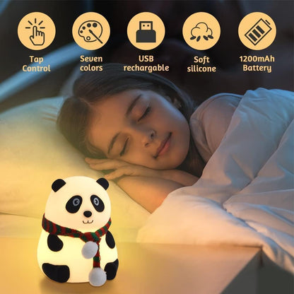 Cute Panda Lamp (Light) Rechargeable, Cute Silicone Kawaii Night Lamp for Bedroom with Touch Gesture 7 Color Changing Adorable Christmas Gift Kids, Light,Table,Beside Kids Room (Panda-Lampled, White)